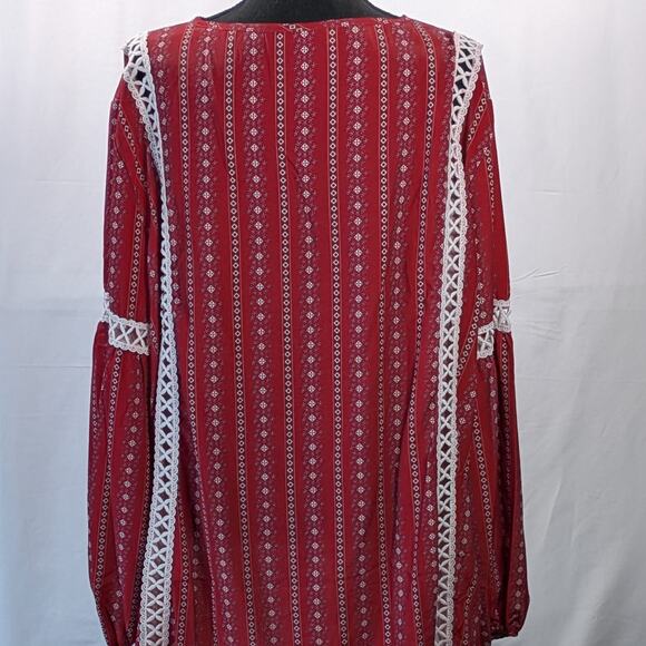 Boho Red Peasant Blouse XXL Tribal Print White Lace V-Neck Long Sleeve Top - Picture 12 of 12
